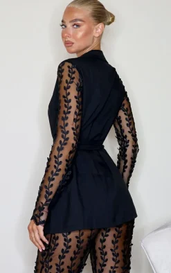 Black Woven Lace Sleeve Belt Blazer