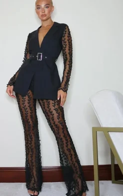 Black Woven Lace Sleeve Belt Blazer