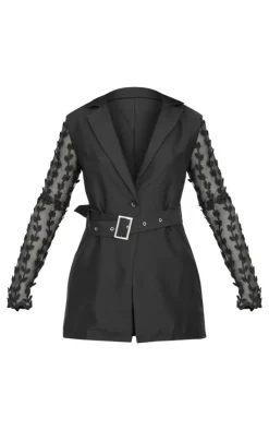 Black Woven Lace Sleeve Belt Blazer