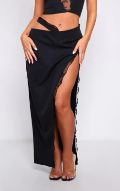 Black Woven Lace Trim Waist Cut Out Split Midaxi Skirt