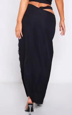 Black Woven Lace Trim Waist Cut Out Split Midaxi Skirt