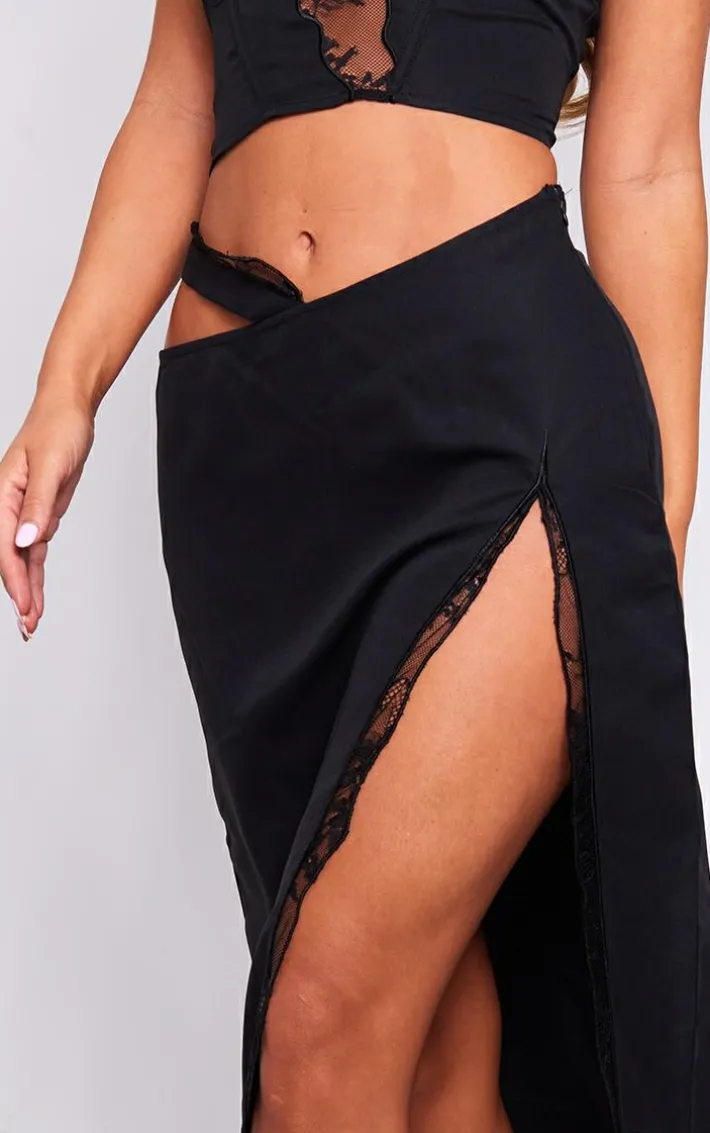 Black Woven Lace Trim Waist Cut Out Split Midaxi Skirt