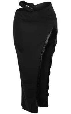 Black Woven Lace Trim Waist Cut Out Split Midaxi Skirt