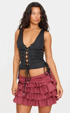 Black Woven Lace Up Detail Plunge Sleeveless Top