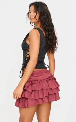 Black Woven Lace Up Detail Plunge Sleeveless Top