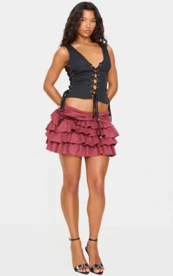 Black Woven Lace Up Detail Plunge Sleeveless Top