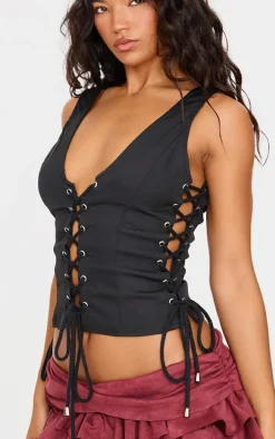 Black Woven Lace Up Detail Plunge Sleeveless Top