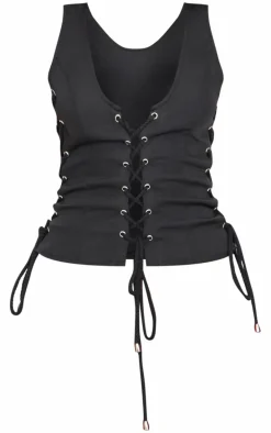 Black Woven Lace Up Detail Plunge Sleeveless Top