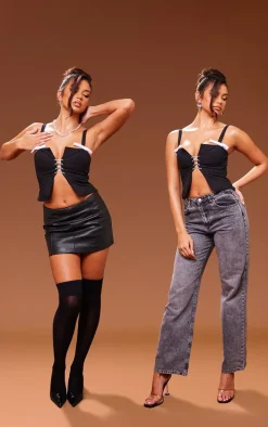 Black Woven Lace Up Front Bow Detail Top