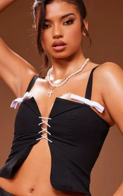 Black Woven Lace Up Front Bow Detail Top