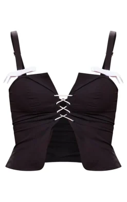 Black Woven Lace Up Front Bow Detail Top