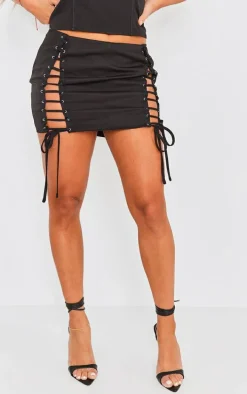 Black Woven Lace Up Mini Skirt