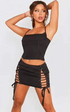 Black Woven Lace Up Mini Skirt