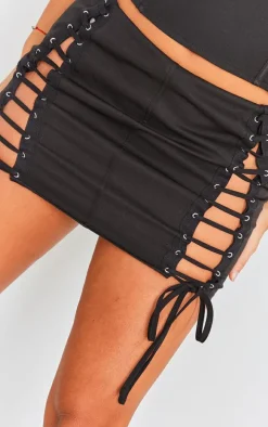 Black Woven Lace Up Mini Skirt