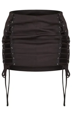 Black Woven Lace Up Mini Skirt
