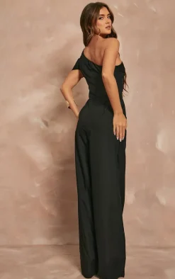 Black Woven One Shoulder Pleated Detail Wide Leg Jumpsuit