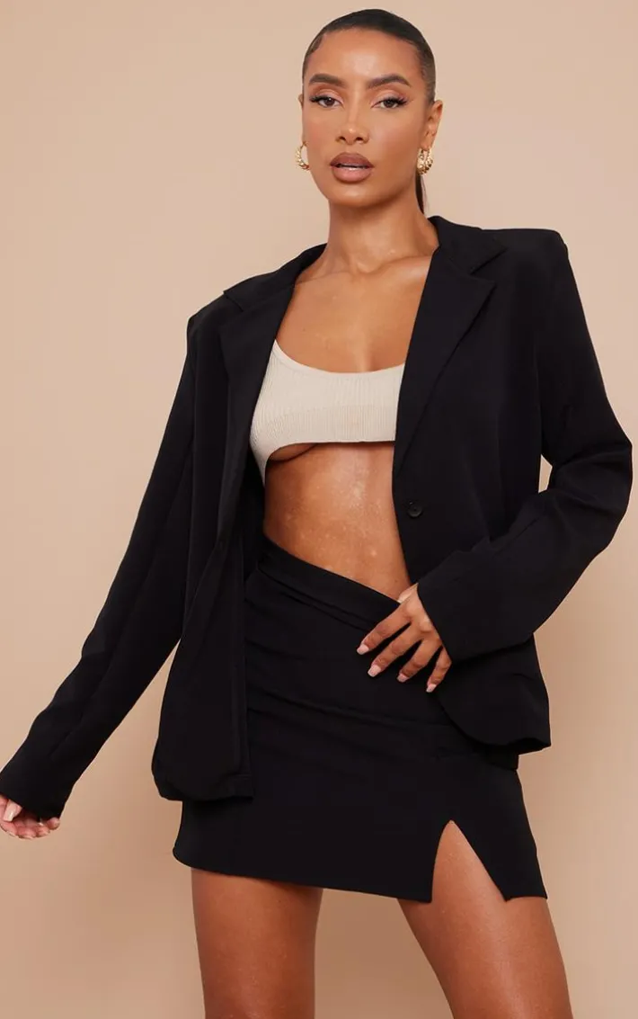 Black Woven Oversized Button Blazer