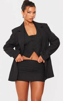 Black Woven Pinstripe Low Rise Micro Mini Skirt