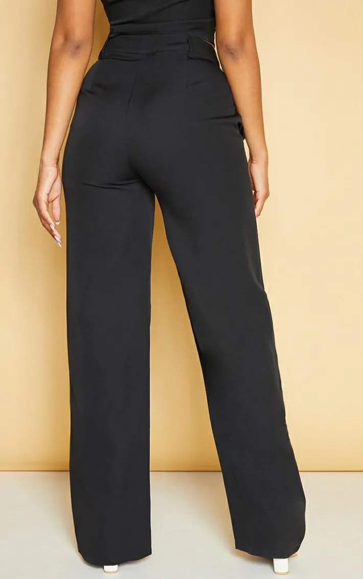 Black Woven Pleat Detail Wide Leg Pants