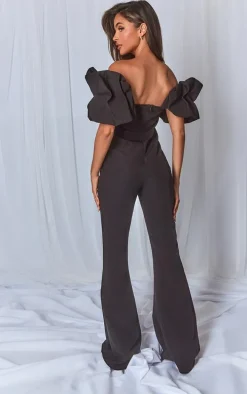 Black Woven Pleated Corset Detail Bardot Frill Jumpsuit.