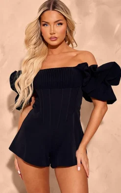 Black Woven Pleated Corset Bardot Frill Romper