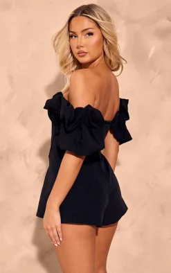 Black Woven Pleated Corset Bardot Frill Romper