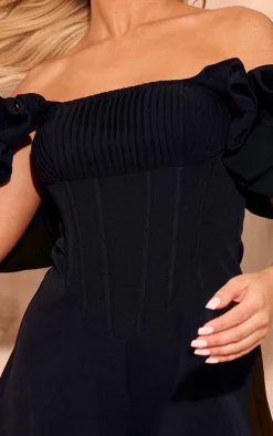 Black Woven Pleated Corset Bardot Frill Romper