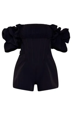 Black Woven Pleated Corset Bardot Frill Romper