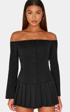 Black Woven Pleated Hem Skort Bardot Romper