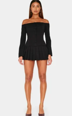Black Woven Pleated Hem Skort Bardot Romper