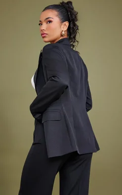 Black Woven Pocket Detail Double Breasted Blazer