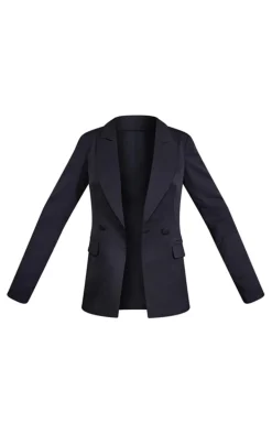 Black Woven Pocket Detail Double Breasted Blazer