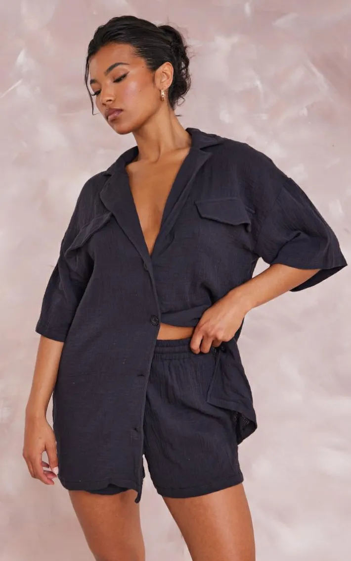 Black Woven Pocket Detail Short Sleeved Oversized Shirt