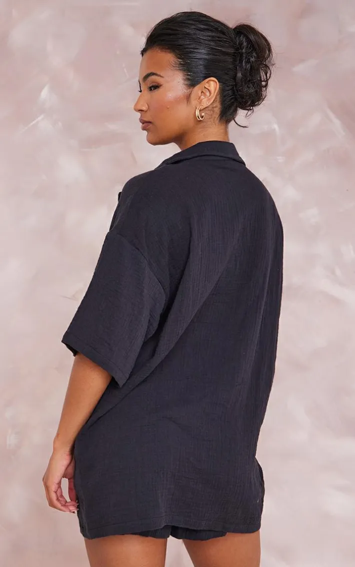 Black Woven Pocket Detail Short Sleeved Oversized Shirt