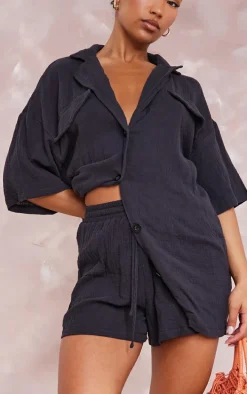 Black Woven Pocket Detail Short Sleeved Oversized Shirt