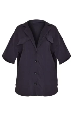 Black Woven Pocket Detail Short Sleeved Oversized Shirt
