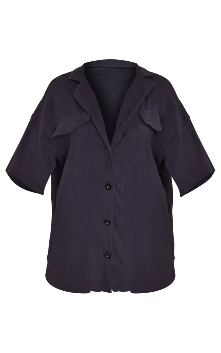 Black Woven Pocket Detail Short Sleeved Oversized Shirt