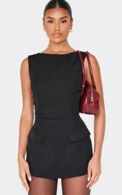 Black Woven Pocket Detail Sleeveless Skort Romper