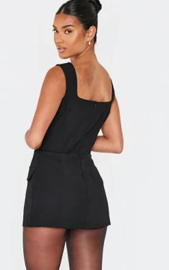 Black Woven Pocket Detail Sleeveless Skort Romper