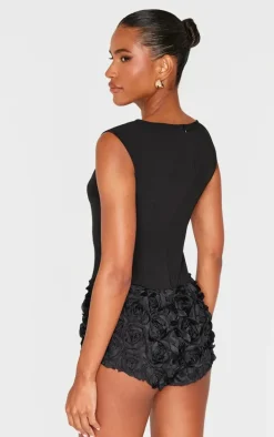 Black Woven Rose Applique Boat Neck Romper