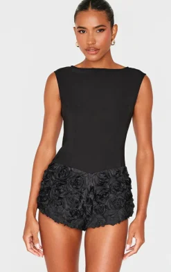 Black Woven Rose Applique Boat Neck Romper
