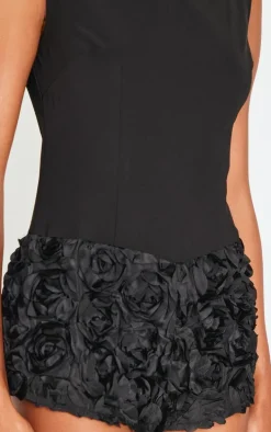 Black Woven Rose Applique Boat Neck Romper