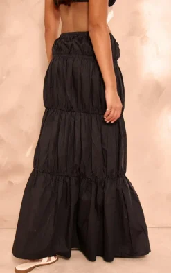 Black Woven Ruched Asymmetric Bow Detail Maxi Skirt