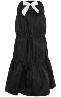 Black Woven Ruched Asymmetric Bow Detail Maxi Skirt