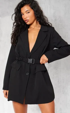 Black Woven Ruched Belt Blazer Dress