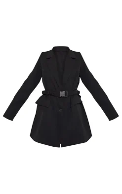 Black Woven Ruched Belt Blazer Dress