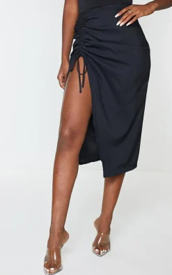 Black Woven Ruched Detail Midi Skirt