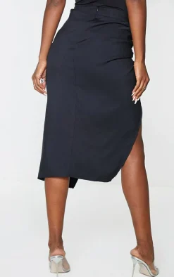 Black Woven Ruched Detail Midi Skirt