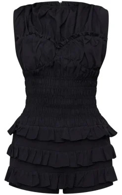 Black Woven Ruched Frill Short Bloomer Romper