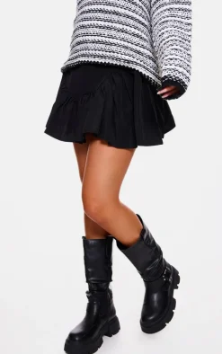 Black Woven Ruched Panel Detail Skater Skirt